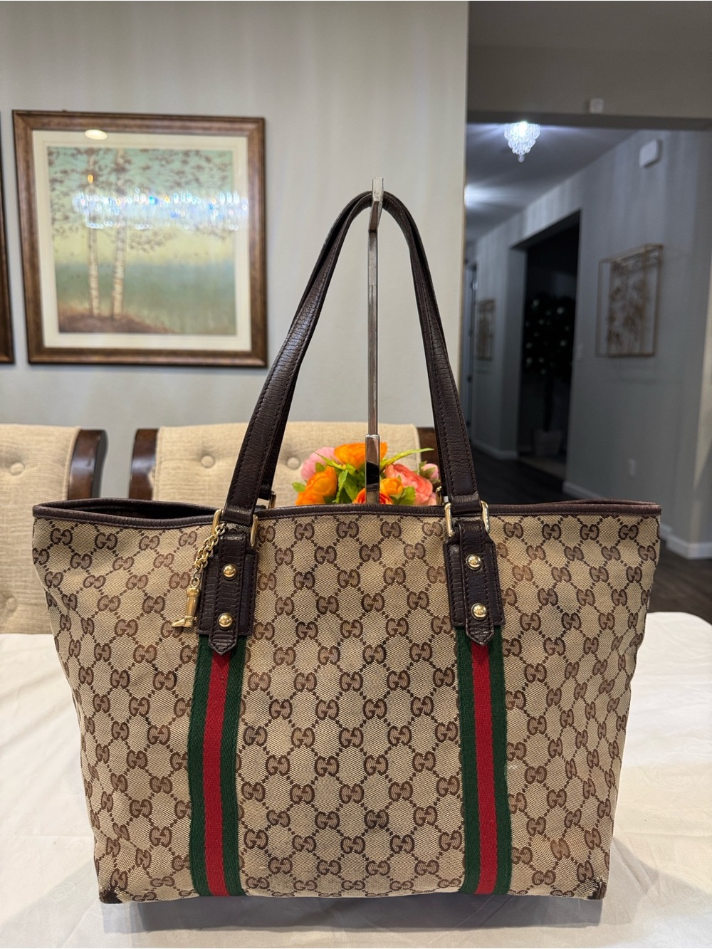 Authentic Gucci Beige Monogram Tote with Green and Red Stripes